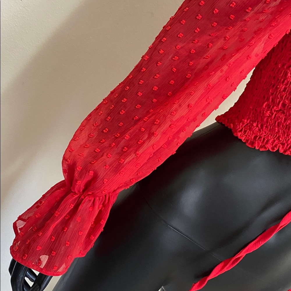 Romantic Red Ruched Sheer Sleeve Tie up Crop Top Blouse - Picture 10 of 12
